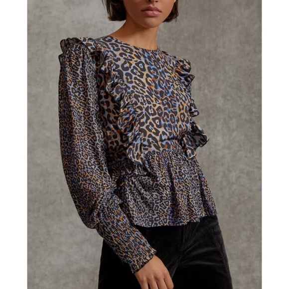 Anthropologie Bl^nk Moira Ruffled Peplum Leopard Print Top - Picture 1 of 10